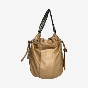 Marni Tan Leather Drawstring Tote with Woven Chain Strap Made in Italy